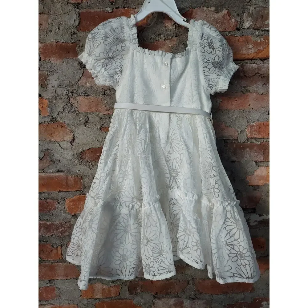 Joie Girls Dress 4-5T White Floral Puff Sleeve Belted Summer Occasion